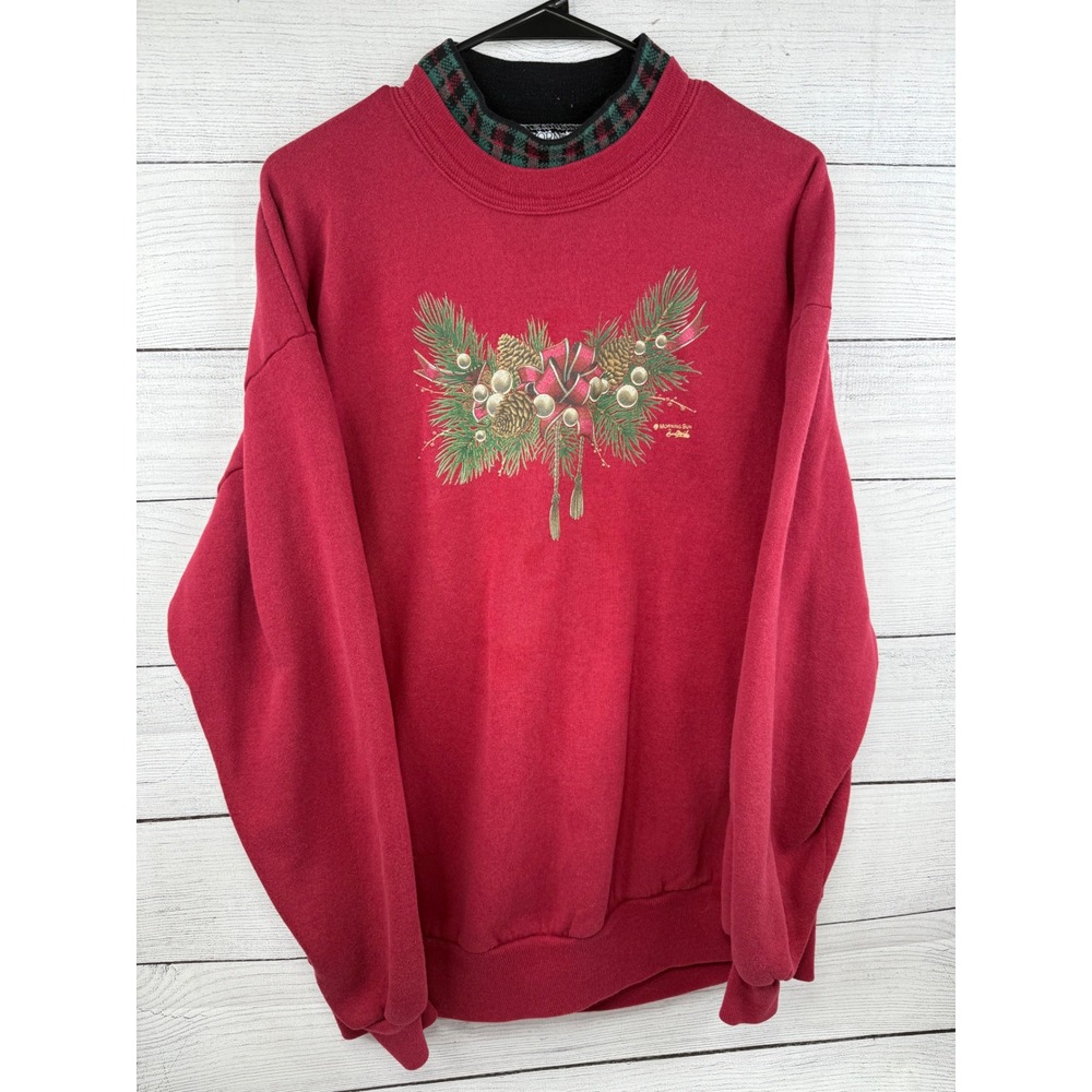 Morning Sun Christmas Pinecone Ribbon Sweatshirt XL Red Mock Neck Holiday
